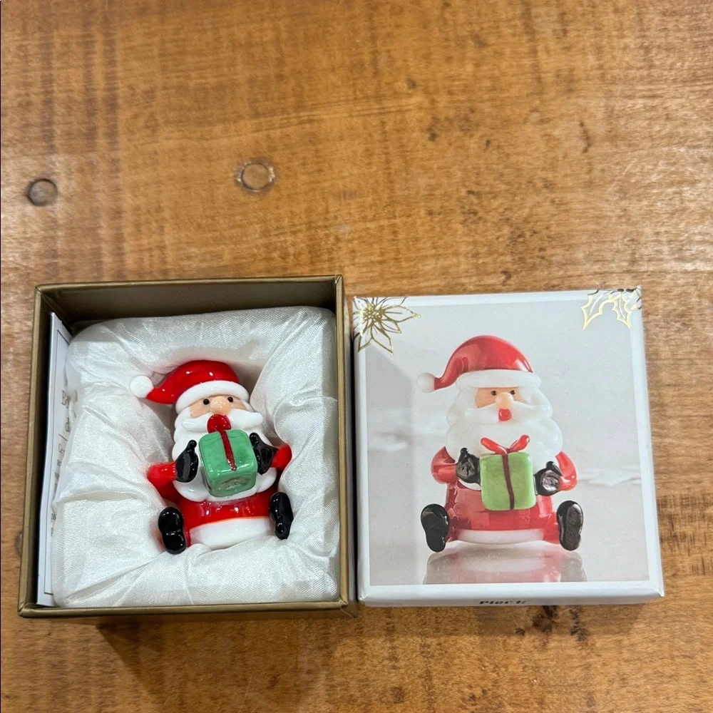 Pier 1 Glass Santa with Gift Box with Red and Green Details